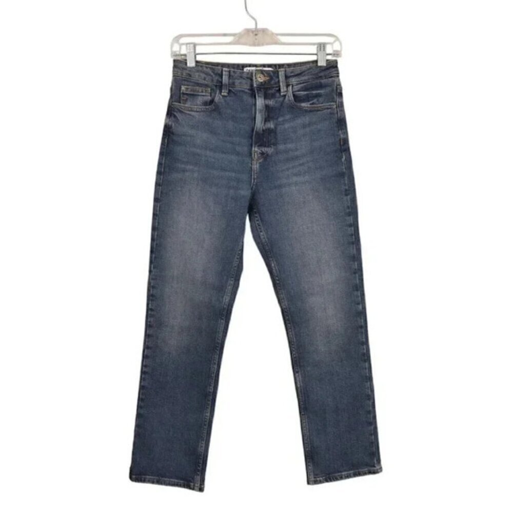 Zara Straight Leg High Waist Jeans Dark Wash Ankle Crop Size 2